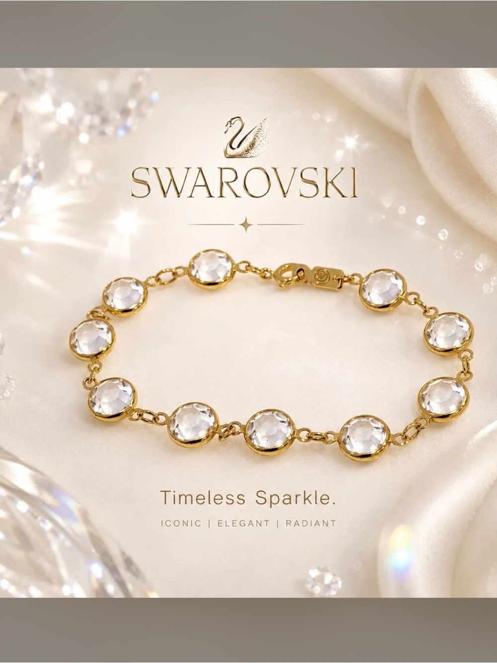 Swarovski Gold-Tone Clear Crystal Station Bracelet – Round Bezel Set Tennis Link